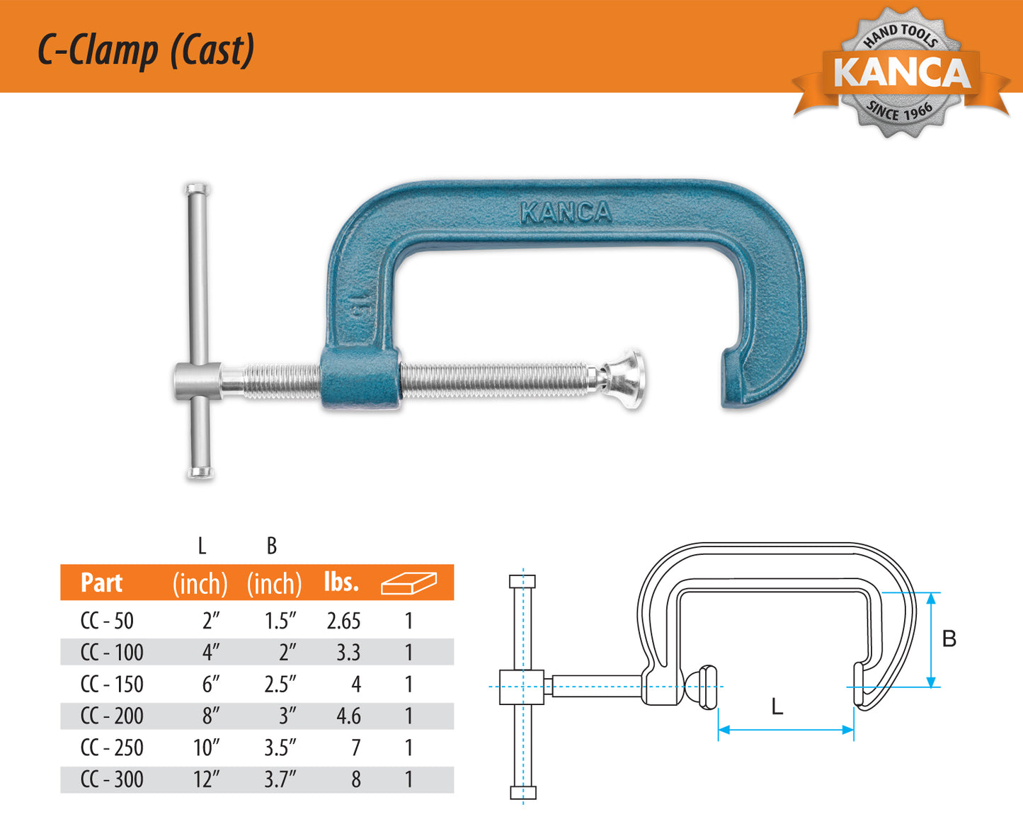 KANCA-FC-50 Drop-Forged C-Clamps for Woodworking, Crafts, Metal